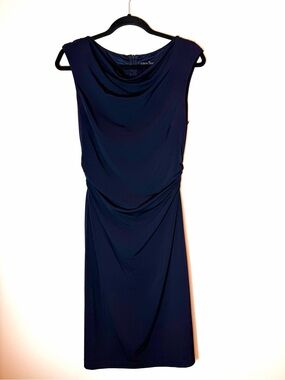 David Meister Navy Blue Sleeveless Cowl Neck Ruched Cocktail Sheath Dress Sz 10